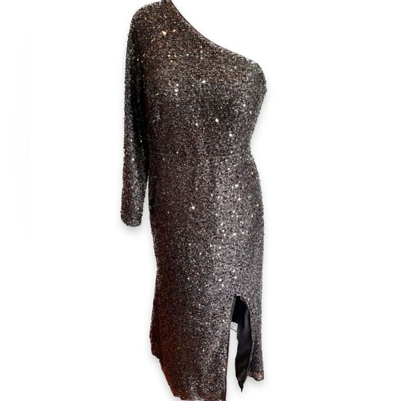 Elegant One-Shoulder Black Sequin Dress Size 1XL - Picture 2 of 6